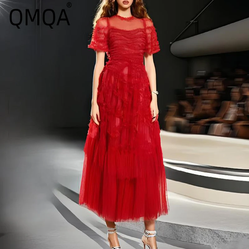 QMQA Fashion Women's Solid Banquet Evening Dress Short Sleeve Round Neck Mesh Fungus Large Swing Dress 2025 Female New QM100