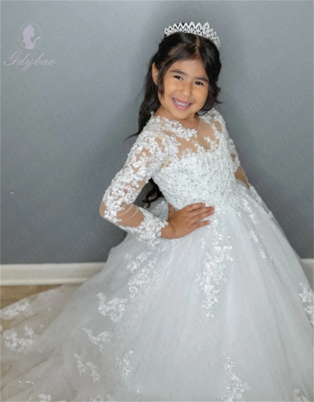 Elegant White Lace Long Sleeve Custom Flower Girl Dress Mesh For First Sacrament Banquet Guests Children's Evening Dress