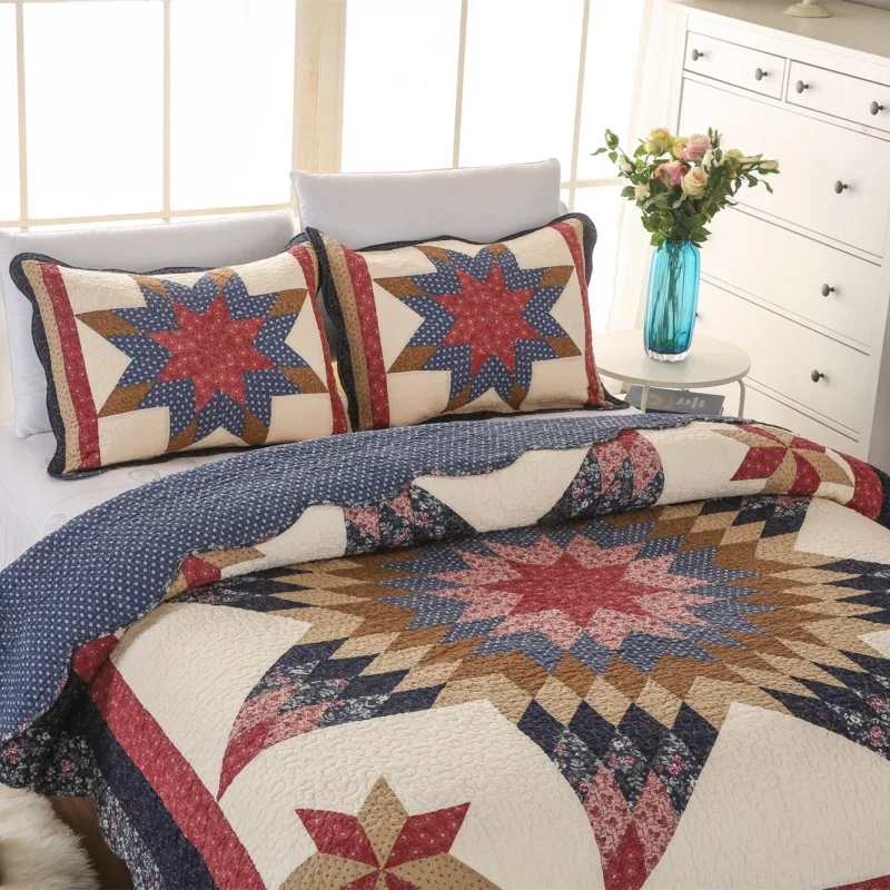 

King Size 3PCS Cotton Quilt Set Oversize Summer Patchwork Bedspread with 2 Pillowcase Breathable Lightweight Comforter Coverlet