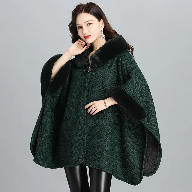 

2024 Winter Warm Thick Batwing Sleeves Horn Buckle Loose Cloak Velvet Poncho Capes Women Faux Fur Neck Knitted Overcoat With Hat