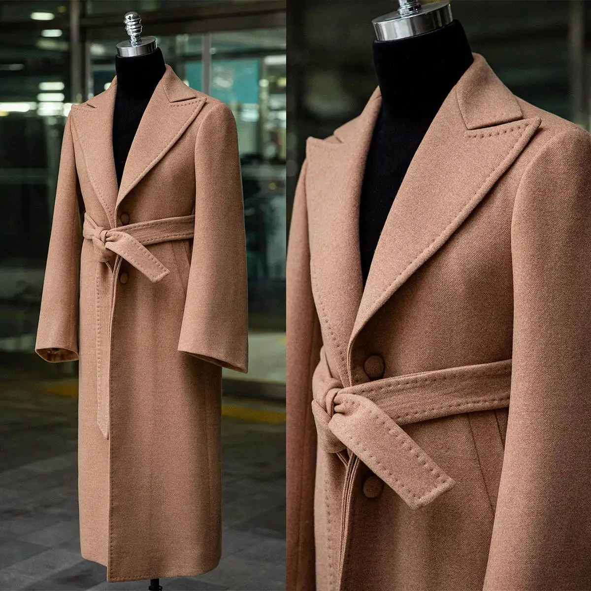 

Casual Men Long Coat Wool Blend Peaked Lapel With Belt Autumn Winter Jacket Blazer Classic Fit Outerwear Custom Made