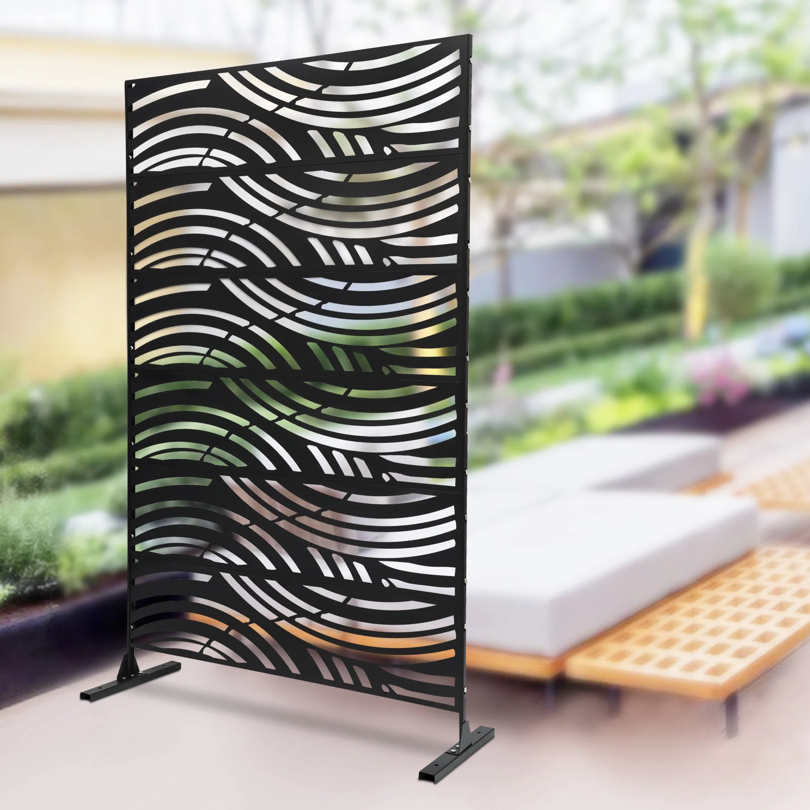 Freestanding Metal Outdoor Privacy Screen, 71.26In Height Black Steel Room Divider With Arc Hollow Out, High Temperature Baking Paint Privacy Fence For Garden, Patio, Balcony, Backyard