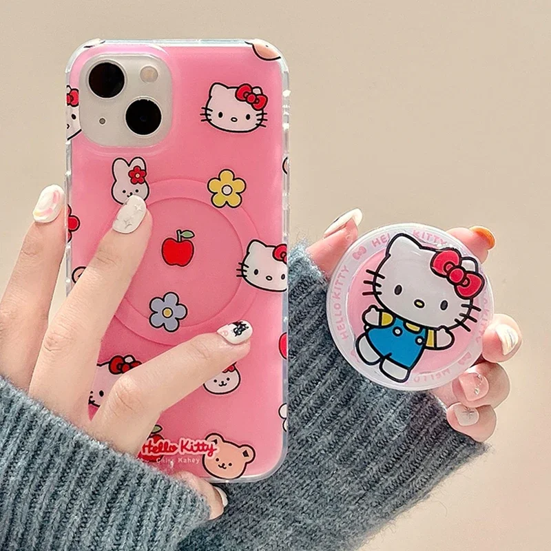 Cute Cartoon Sanrio Hello Kitty Magnetic Holder Magsafe Wireless Charge Phone Case For iPhone 15 14 13 12 11 Pro Max Hard Cover