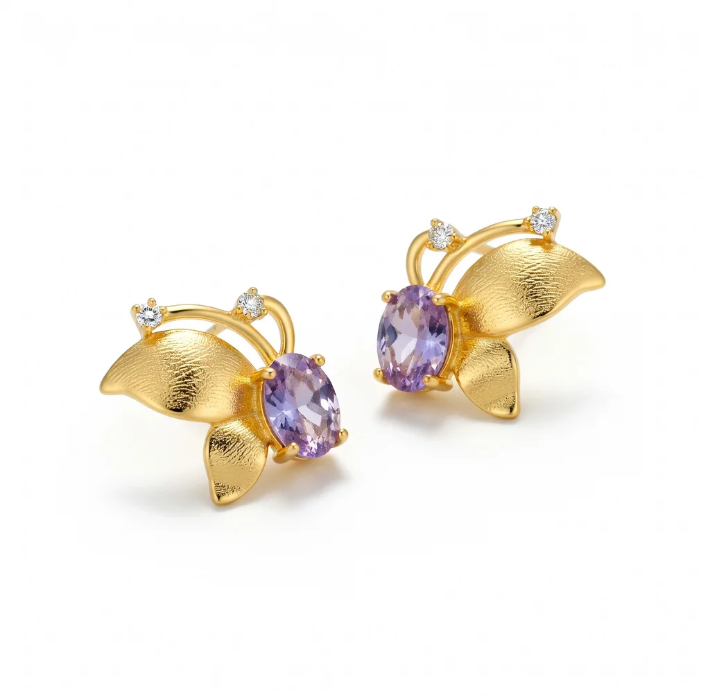 

Purple Butterfly Zircon Stud Earrings for Women Exquisite Versatile High-End New Chinese Style Gold-Plated Amethyst Gemstone