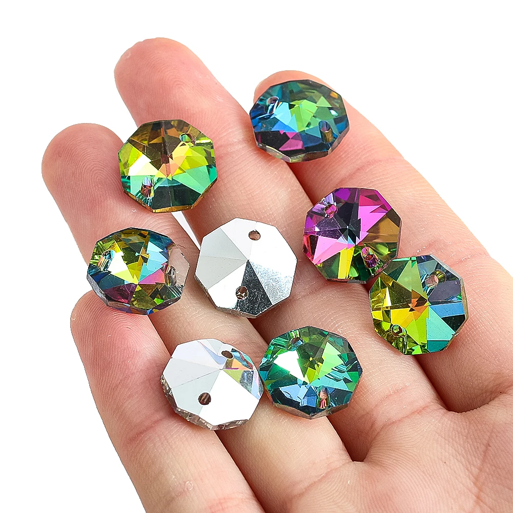 10PC 14mm arcobaleno Aurora prisma Laser ottagonale cristallo doppio foro distanziatore perline collana orecchino ciondola gioielli fanno parti