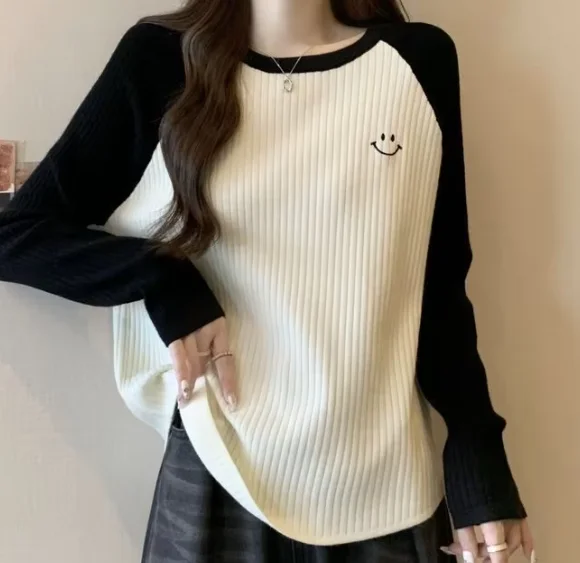 2026Plus-size Women's Spring And Autumn New Arrival Color-blocking Loose Pitted Stripe Versatile Long-sleeve T-shirt