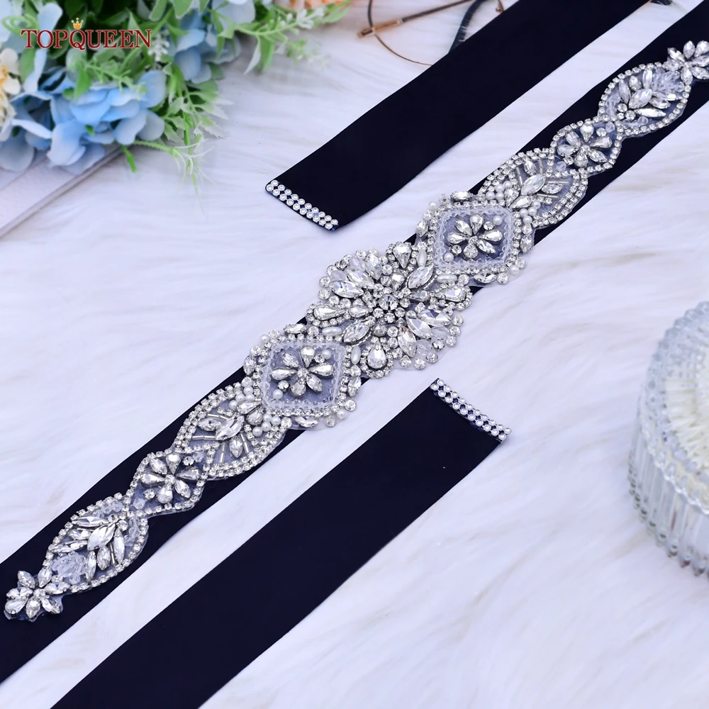 TOPQUEEN S433 Luxury Designer Belts Silver Rhinestone Appliques Wedding Dress Bridal Accessories Women\'S Evening Party Sash