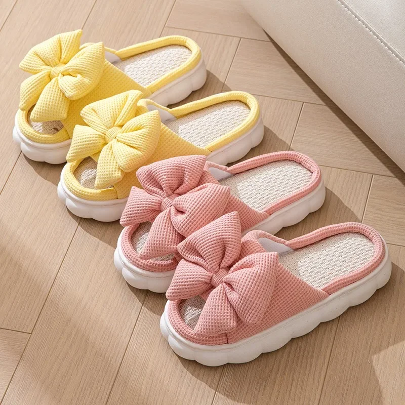 Sweet Bottom Slippers for Women - Solid Color Three-Dimensional Bow Home Shoes