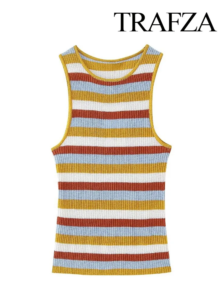 

TRAFZA Women Chic Color Matching Stripe O-Neck Sleeveless Vest Top Female Fashion Slim Casual Elasticity Pullover Knitted Top