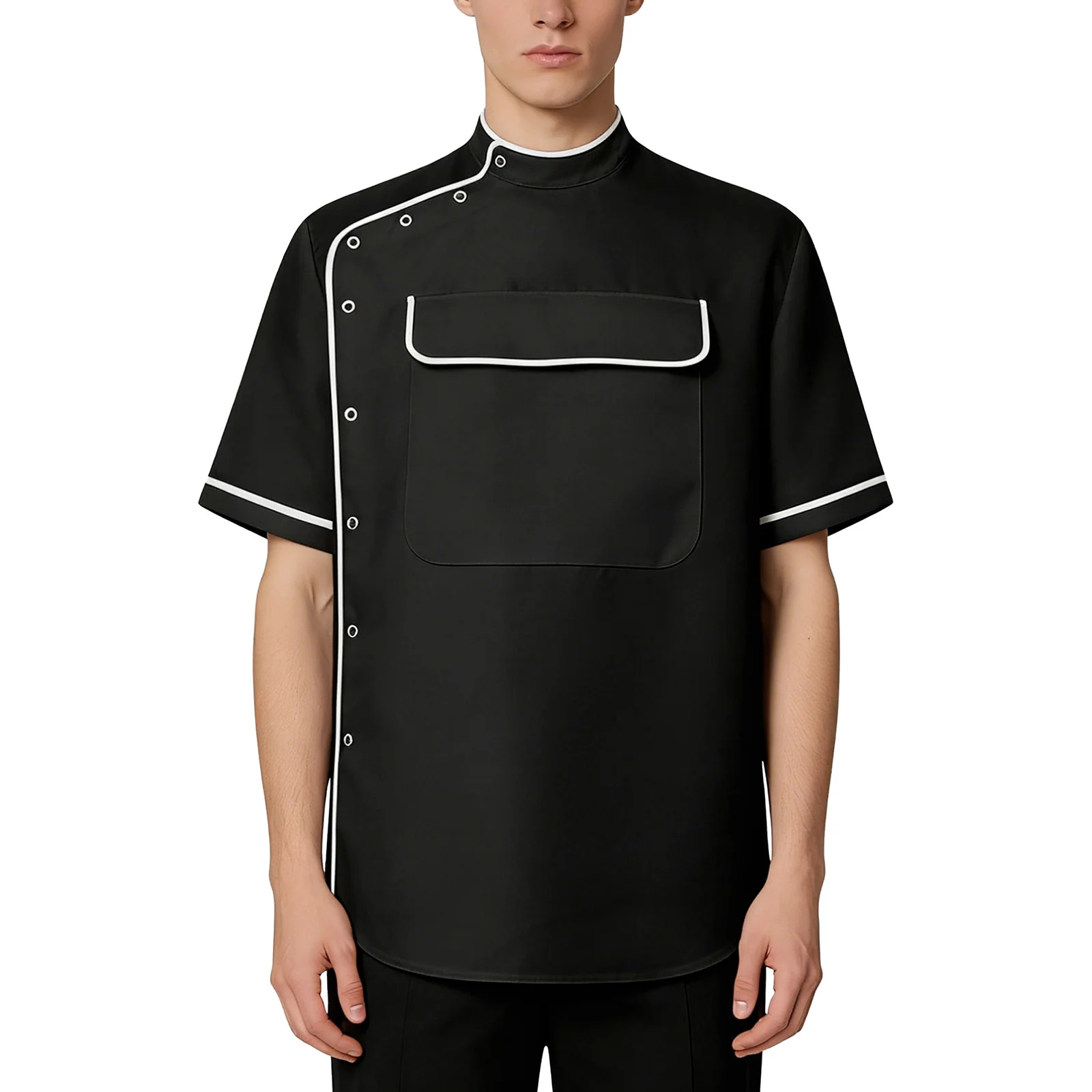メンズバーバースモックtシャツ、胸元に大きなフラップポケット、半袖、ボタンダウン、スタンドカラー、カーブヘムシャツ、サロンヘアスタイリスト向け