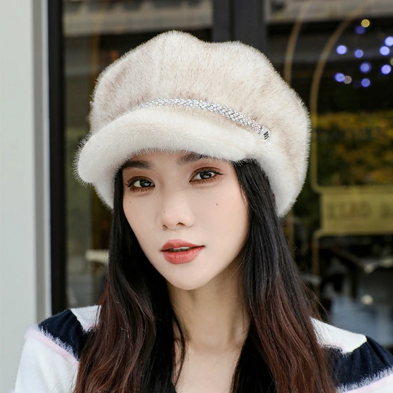 

Men's Cap Fluffy Fur Beret Cap Hat For Women Plush Ear Windproof Warm Female Caps Solid Fashionable Beret