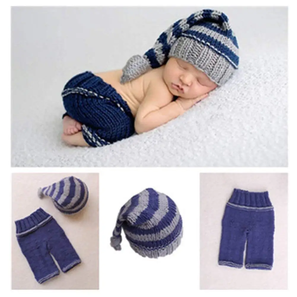 

0-3M Newborn Photography Props Knit Hat Baby Photo Shoot Props Girl Boy Costume Stripe Hat Pants Overalls