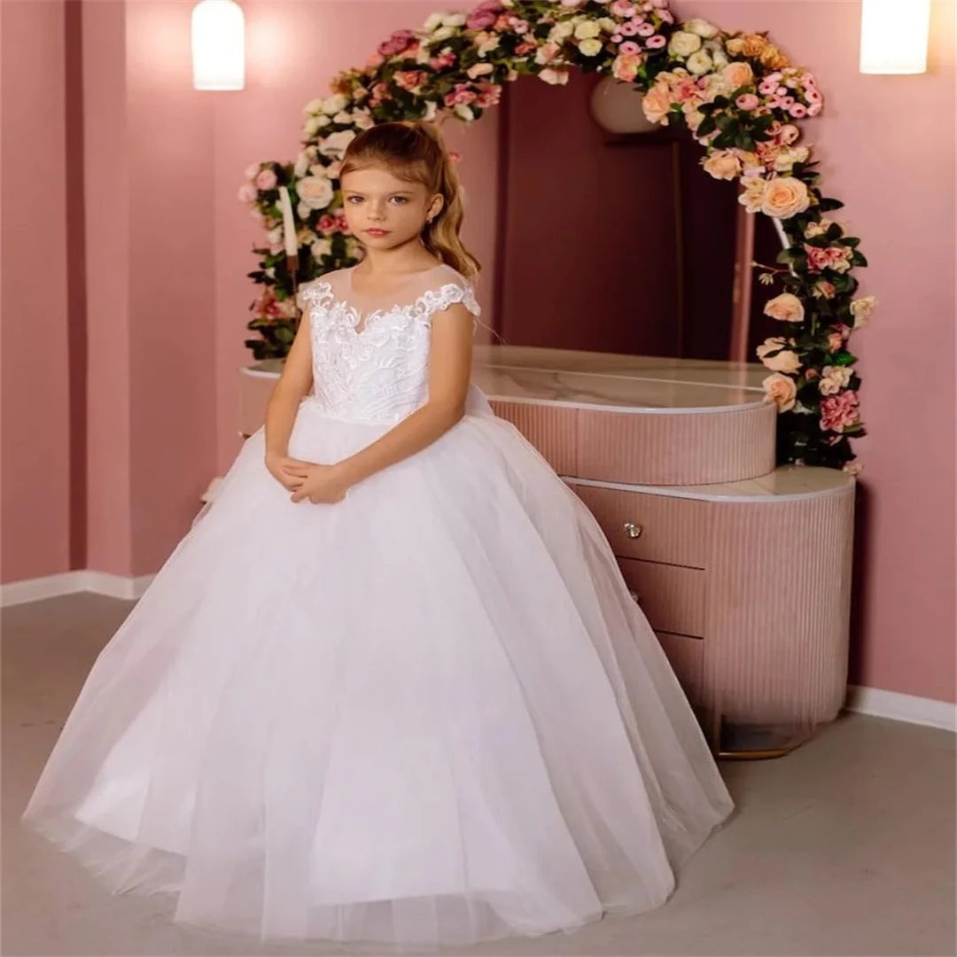 レースフラワーガールドレス 結婚式用 聖体拝領ドレス チュールロングガールドレス リボン付き ジュニアブライズメイド ベビープリンセスドレス