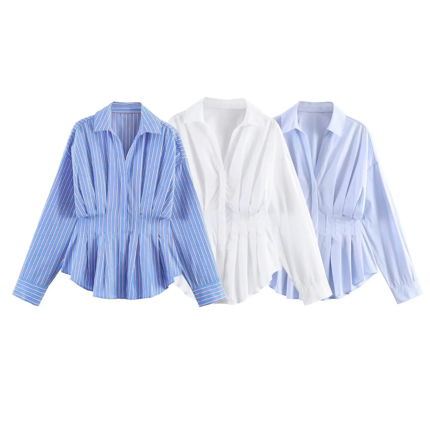 BSAY Neue Damen-Bluse mit elegantem V-Ausschnitt und langen Ärmeln, plissiert, tailliert, Peplum-Shirt, gestreift, einfarbig, lässig, für Büro und Arbeit – Detail 2