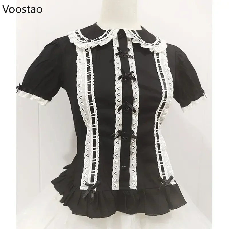 Blusa feminina estilo Lolita preppy, colarinho Peter Pan, babados de renda, camisas JK, blusa de manga folhada, laço bonito, fino, menina