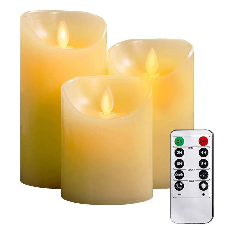 Set Of 3 Flameless Candles 4In 5In 6In White Include Realistic Dancing LED Flames Remote Control