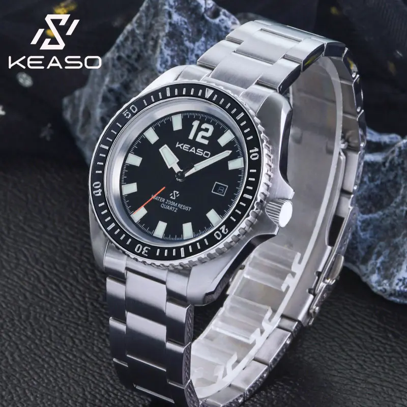 KEASO Men 200M Dive Waterproof Quartz Watch Ceramic Bezel RONDA507 Quartz Movement C3 Luminous Sapphire 316L Steel Watch for Men