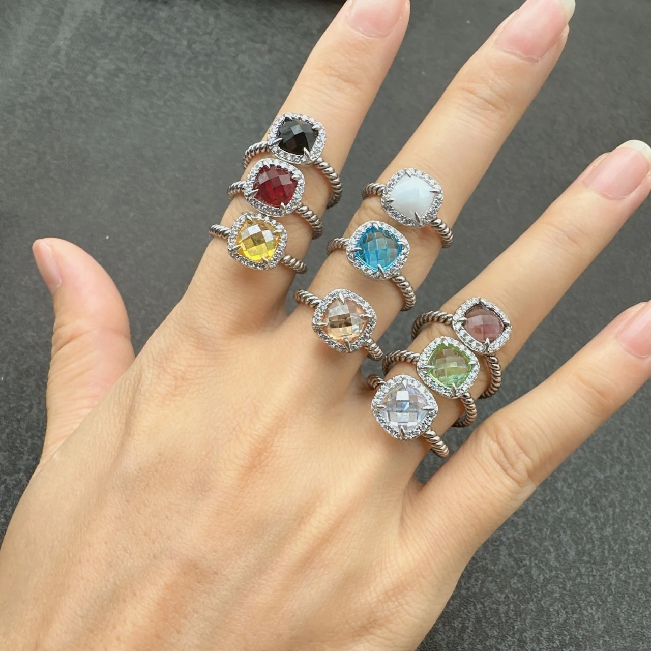 

S925 Sterling Silver New Square Diamond Crystal Agate Ring Neutral Classic Fashion Simple Temperament Retro Trend Luxury Jewelry