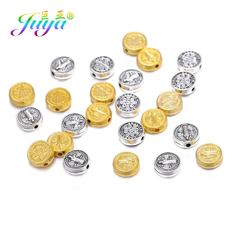 Juya 30pcs/lot Wholesale 8mm Metal Beads Antique Gold Silver Plated Charm Beads For DIY Natural Stones Needlework Jewelry Making