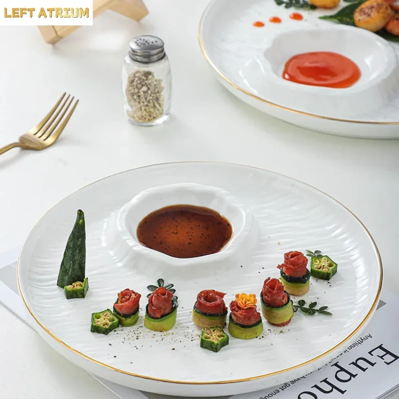 Sushi Plate Dumpling Plate with Dipping Saucer,Snack ChipDip Serving Tray,Multi-purpose Split Ceramic Plate for Home&Restaurant
