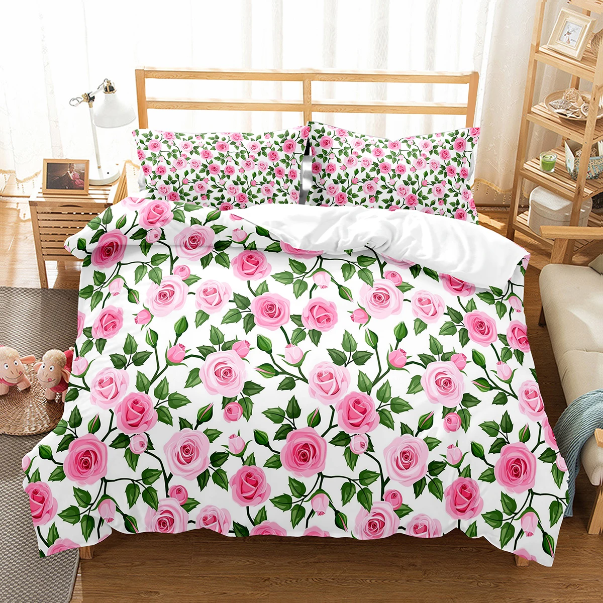 Ensemble de housse de couette à fleurs colorées, taille King/Queen, pour enfants, garçons et filles, ensemble de literie en Polyester à motif Rose, housse de couette avec fermeture éclair