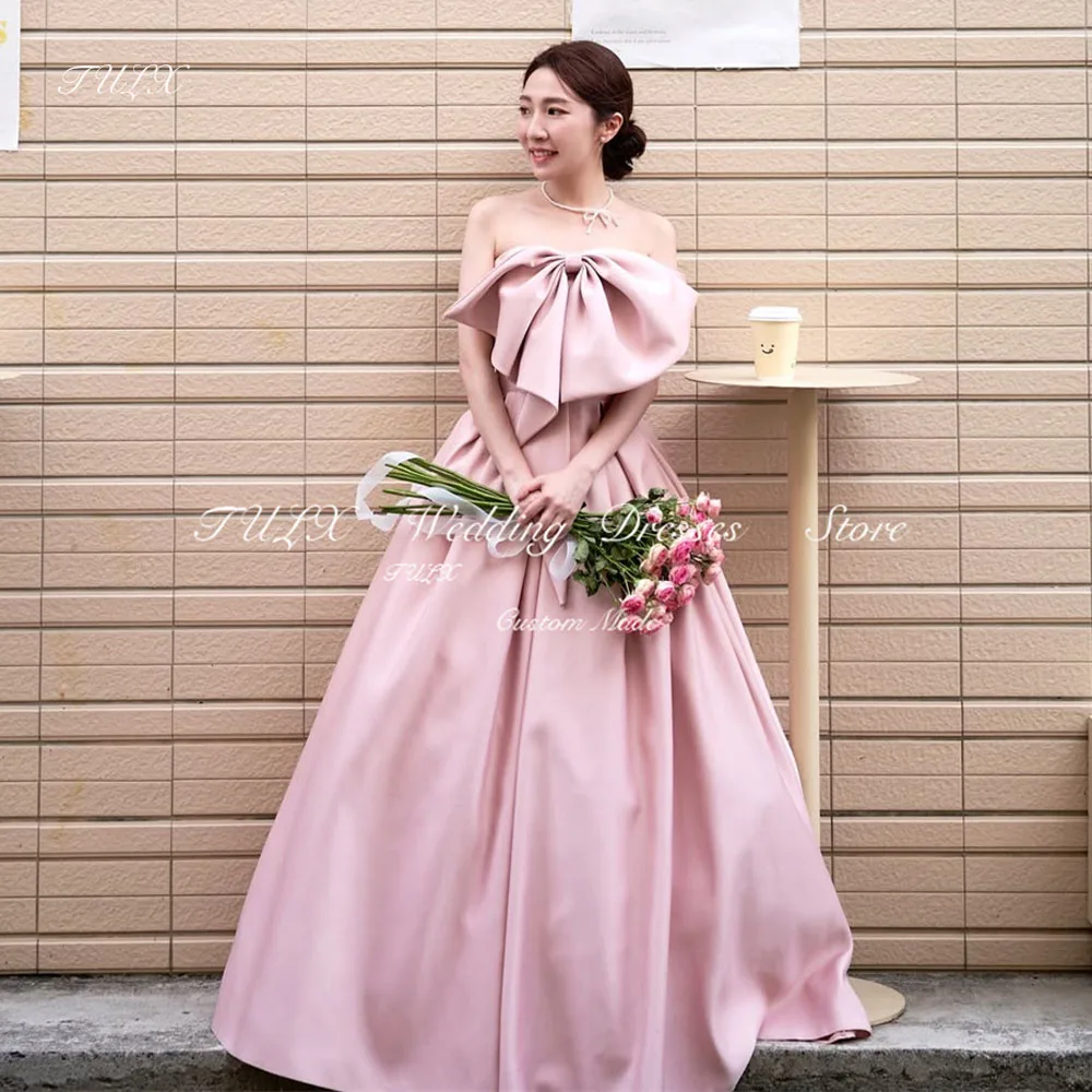 TULX Fairy Satin Evening Dress Korea Wedding Photo Shoot One Shoulder Bow Party Dresses Floor Length Corset Party Customized