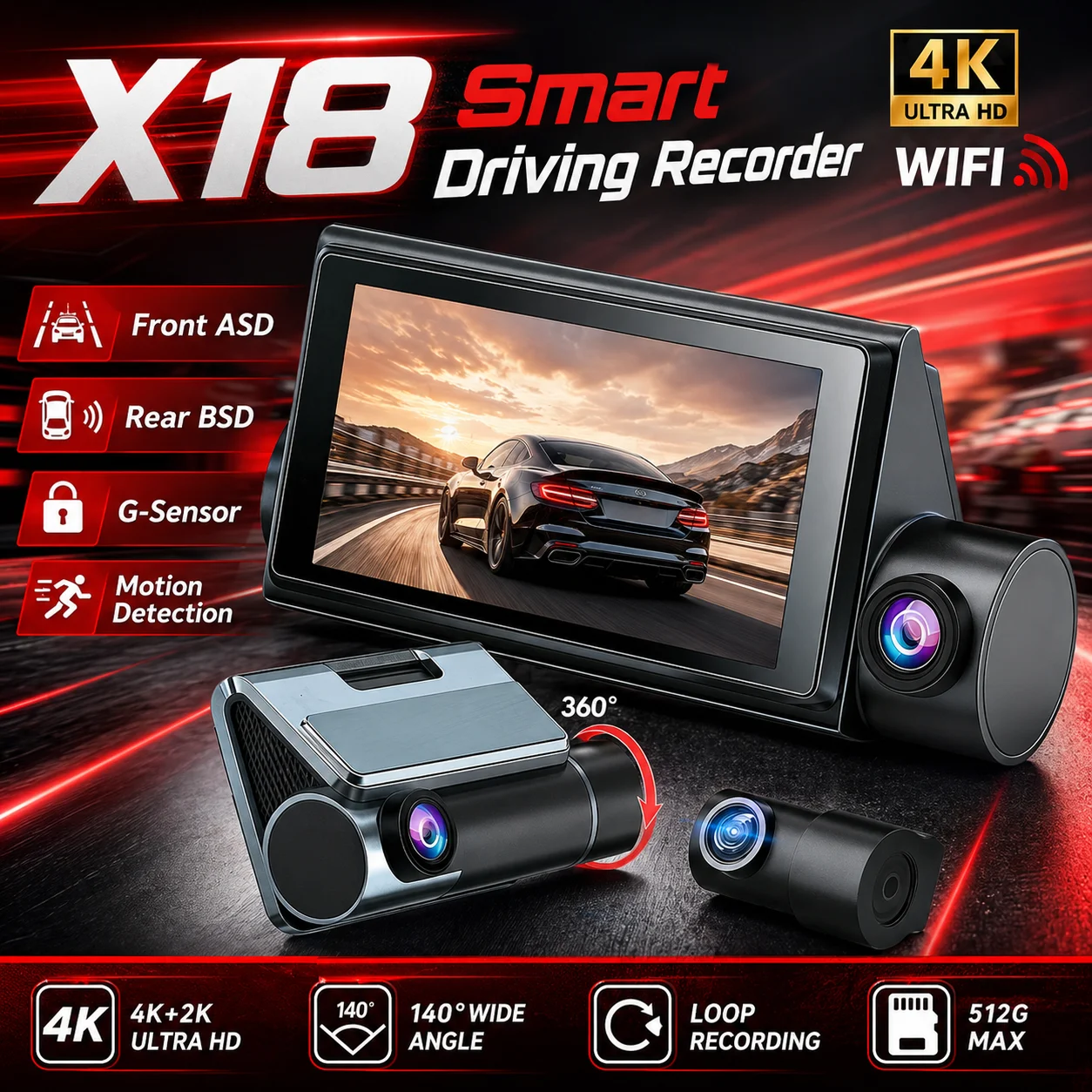 Câmera Veicular XFY X18 4K+2K WiFi com Tela Touch de 3'', Câmera Traseira, Monitor de Estacionamento e Gravação em Loop 140° °   Câmera de Painel com Lente Grande Angular