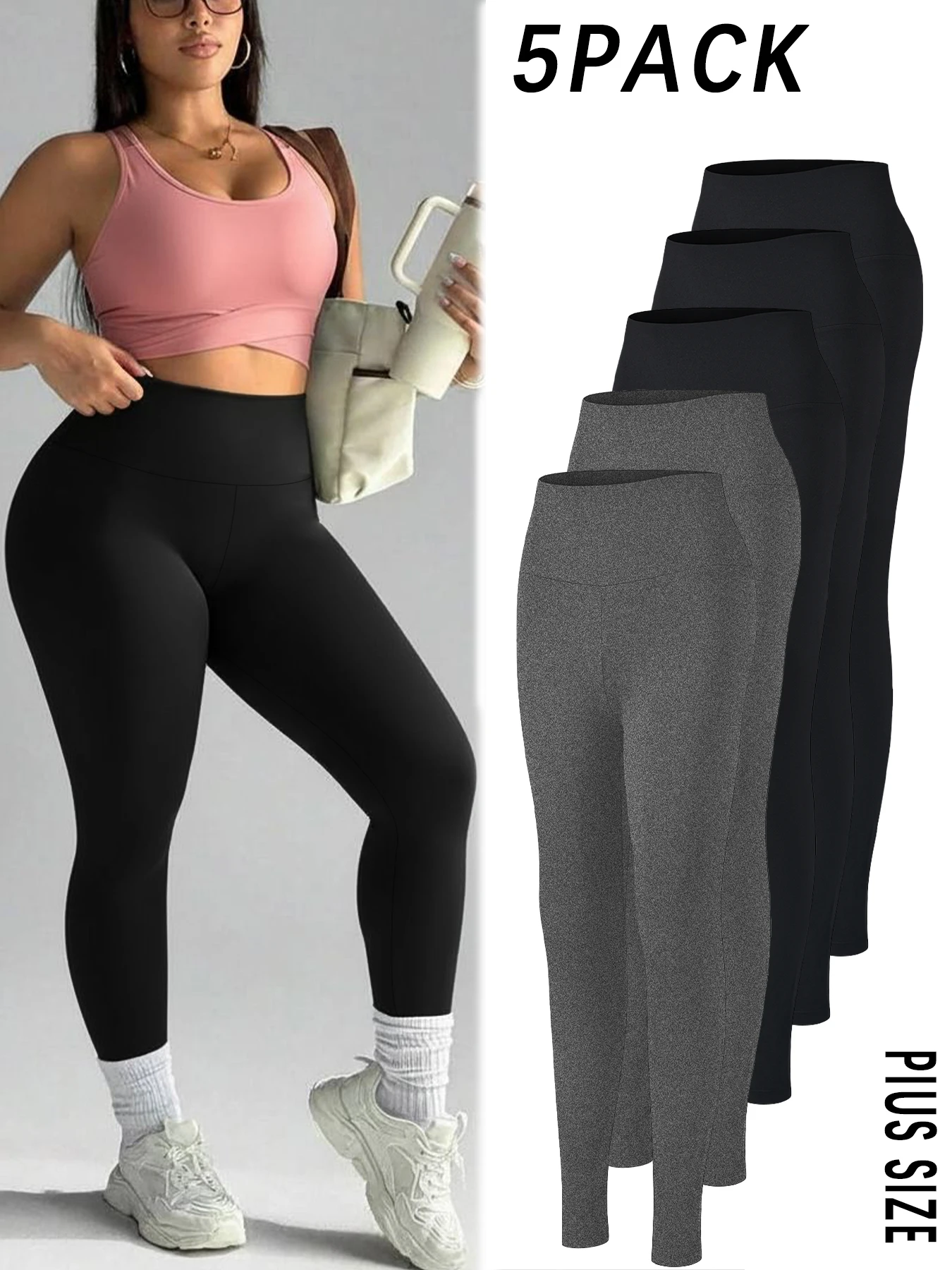 

5 pack Plus Size Women's Leggings High Waisted - Super Soft Tummy Control Fabric Ideal for Yoga Running and Home Activities