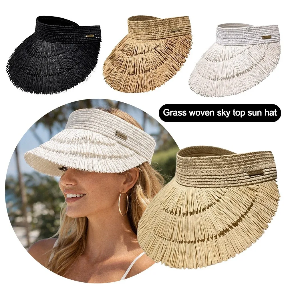 Fashion Tassel Sun Hat UV Protection Wide Brim Beach Cap Casual Breathable Straw Hat Women's