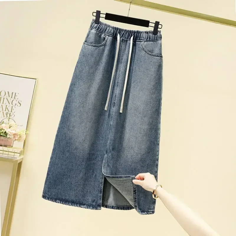 

Summer New Drawstring Elastic Waist Blue Denim Skirt for Women in Plus Size with A Slit and High Waist Versatile A-line Skirt