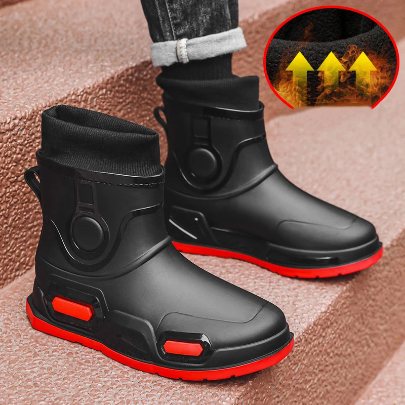 High Quality Men\'s Rain Boots Mid-calf Waterproof Work Boot Spring Fall Fishing Boots Men New Keep Warm Winter Rubber Rain Shoes