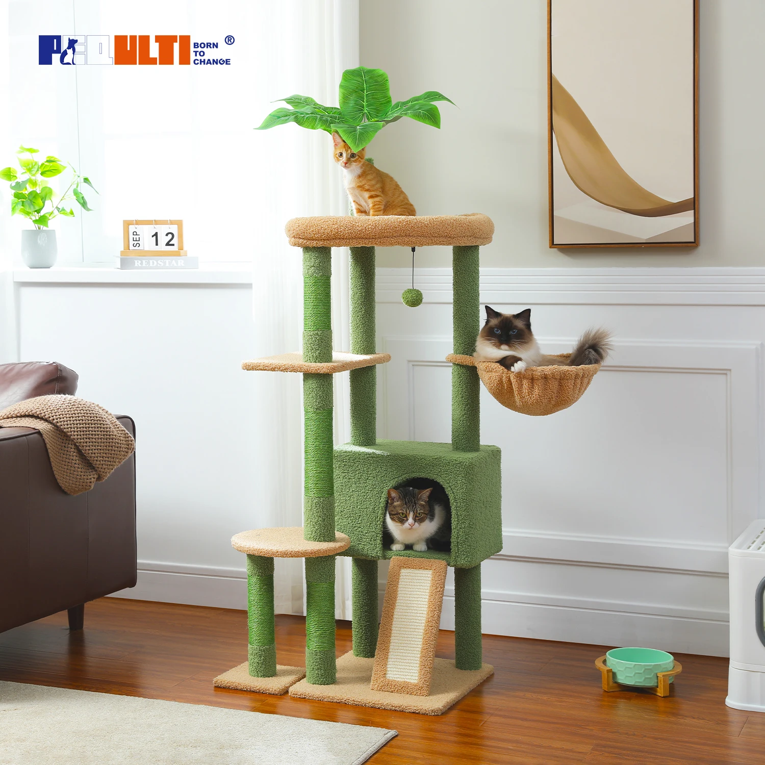 

Multi-Level Cat Tree with Large Condo, Sisal Scratching Posts, Hammock & Perch and Fresh Cactus Design for Indoor Cats