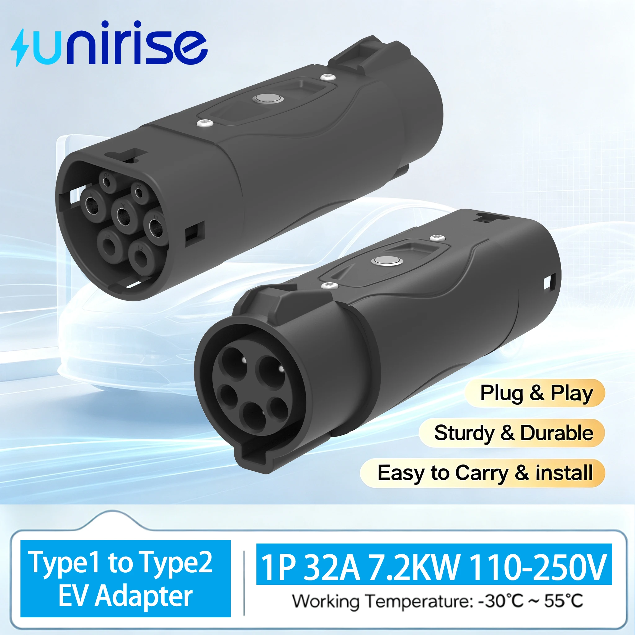 UNIRISE 32A 250V 7.2KW EV Adapter Type1 to Type2 Car Converter SAE J1772 Charger Pile to Type 2 IEC62196-2 AC Charging Connector