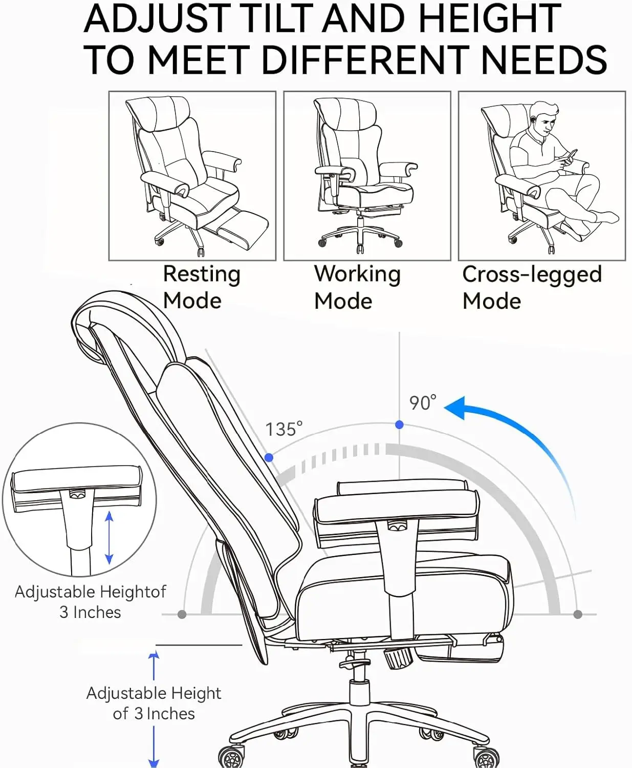 Efomao Big and Tall Ergonomic Office Chair 450LBS with Foot Rest, High Back PU Leather Executive Chair with Adjustable Padded Ar