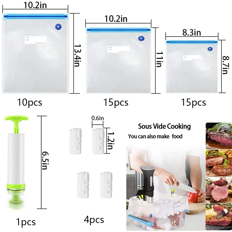 Wieder verwendbare Vakuum-Lebensmittel aufbewahrung beutel mit 40 Packungen, 3 Vakuum-Lebensmittel beutel, 1 Handpumpe, 4 Dichtung clips