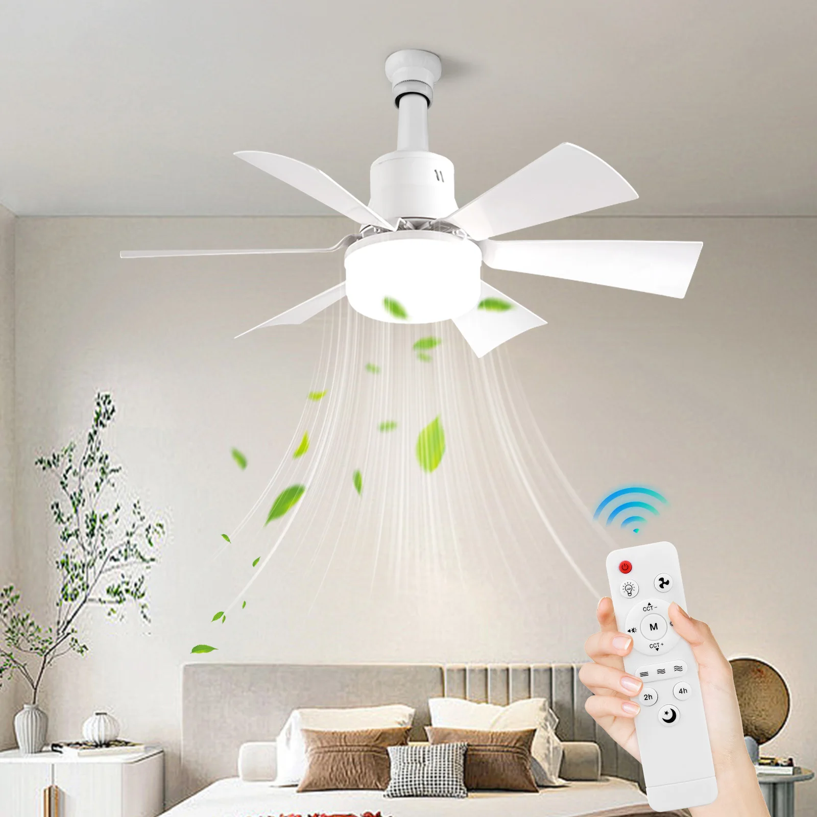 Socket Fan Light with Extender & 6 Blades Screw in Ceiling Fan in Light Socket Ceiling Fan with Light for Bedroom Kitchen