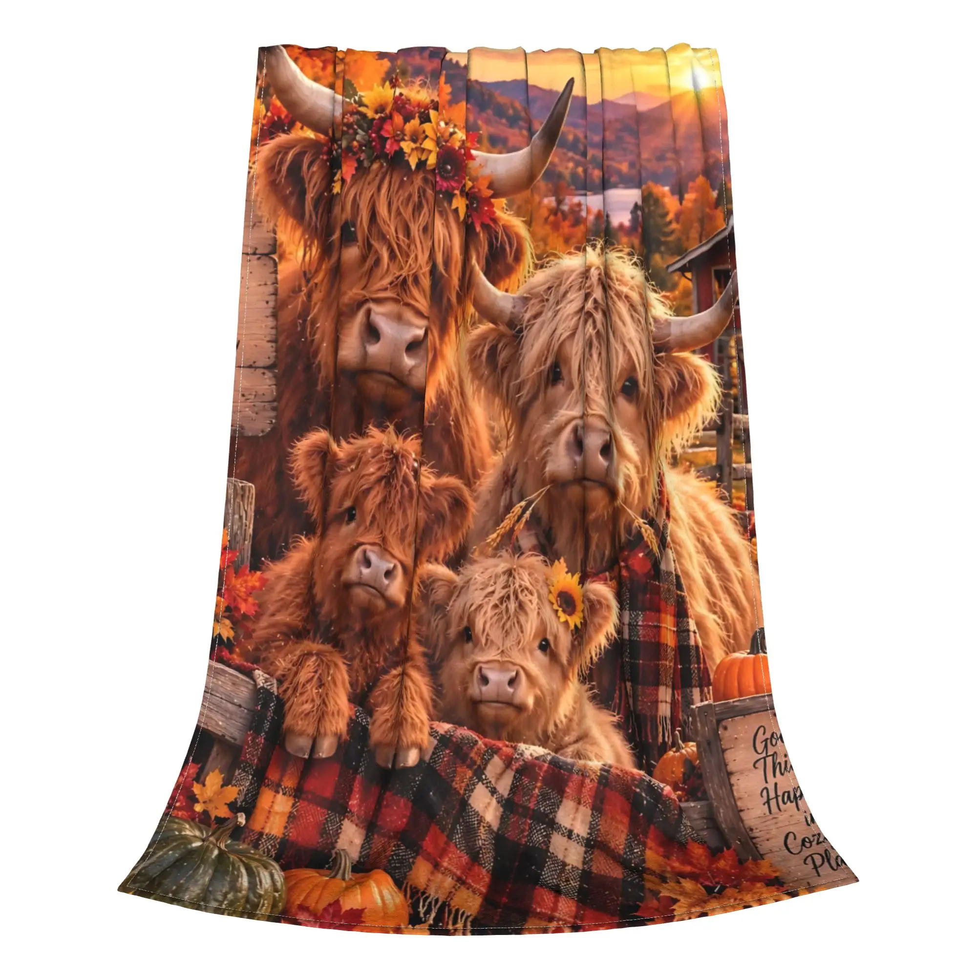 1PC Home Cutecore Room Decor Happy Fall Yall Highland Cow Blanket Throw Blanket  Novelty Warm Blanket All Season