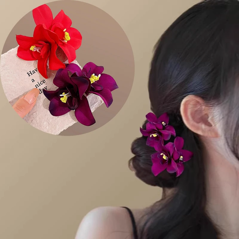 

Women Red Flower Hair Clip Hair Ornament Purple Orchid Hairpin Side Barrettes Headdress Bohemia Barrettes Hair Accessories