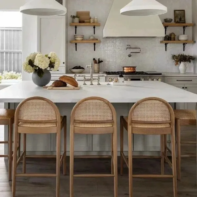 

Solid wood bar counter Light luxury table chairs Nordic rattan footstool Modern simple backrest Home bar Reception