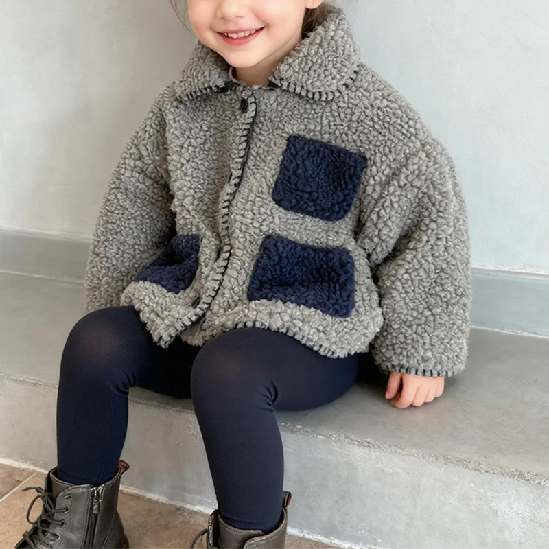 

Infant Baby Girl Wool Jacket Turn Down Collar Contrast Thicken Warm Toddler Girls Coat Winter Versatile Kids Girl Outerwear Coat