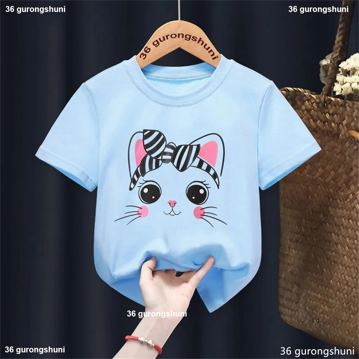 

New Girls T Shirt Pink Bow Kitten Summer Shirt Girls Cute Cartoon Cat Kids Tshirt Pink Short Sleeve Wild Tees Animal Baby Tops