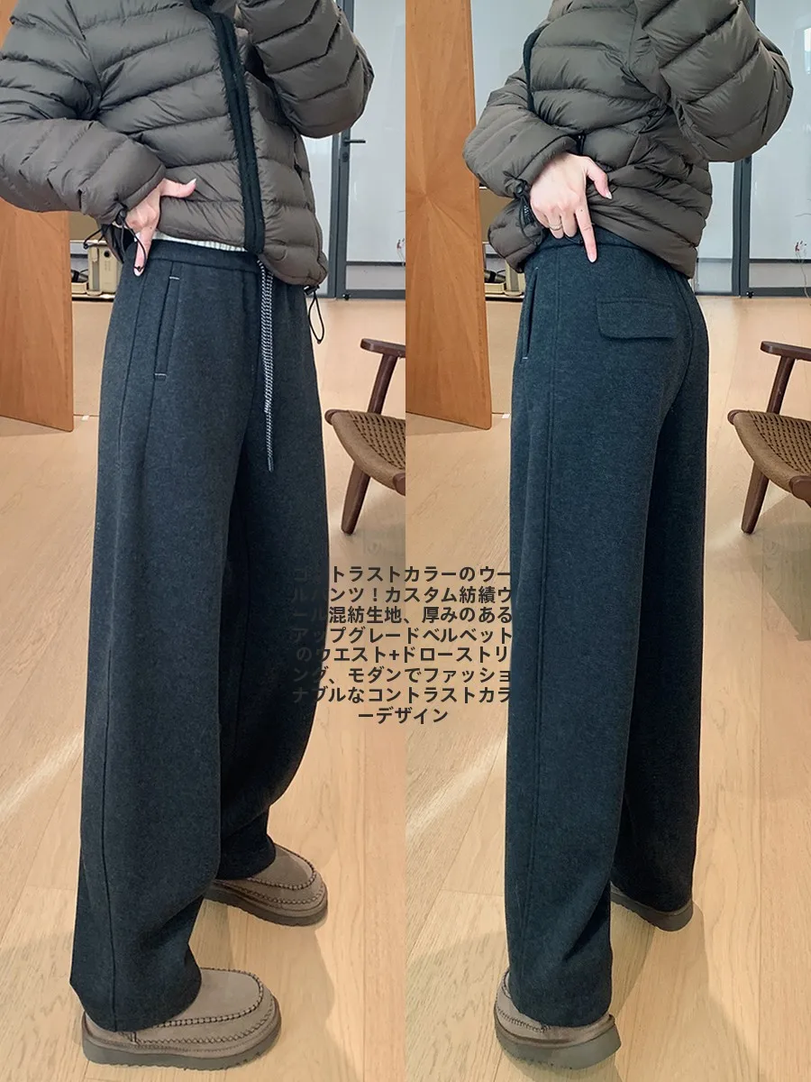 

Thickened Short Fleece Straight Leg Wool Pants High Waist Casual Trousers Color Block Waist Ladies Warm Polyester Blend