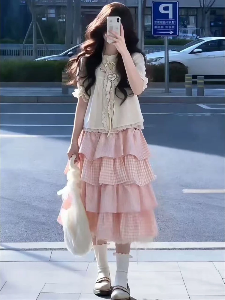 

Комплект в французском стиле: розовый топ для девочек + длинная юбка-пачка в клетку, нежный дизайн, кавайный стиль, комплект из двух предметов 2026