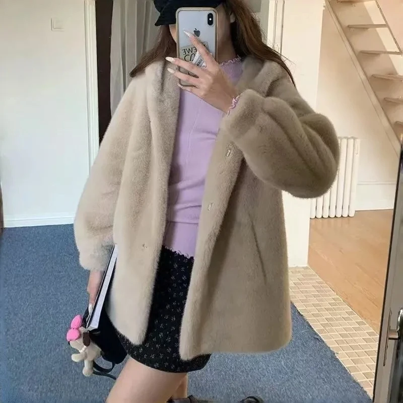 Thick Fur Coat For Womens Versatile Fur Coats Winter Warm Jackets New loose Hooded imitation Mink Fur Fur Jacket Coat