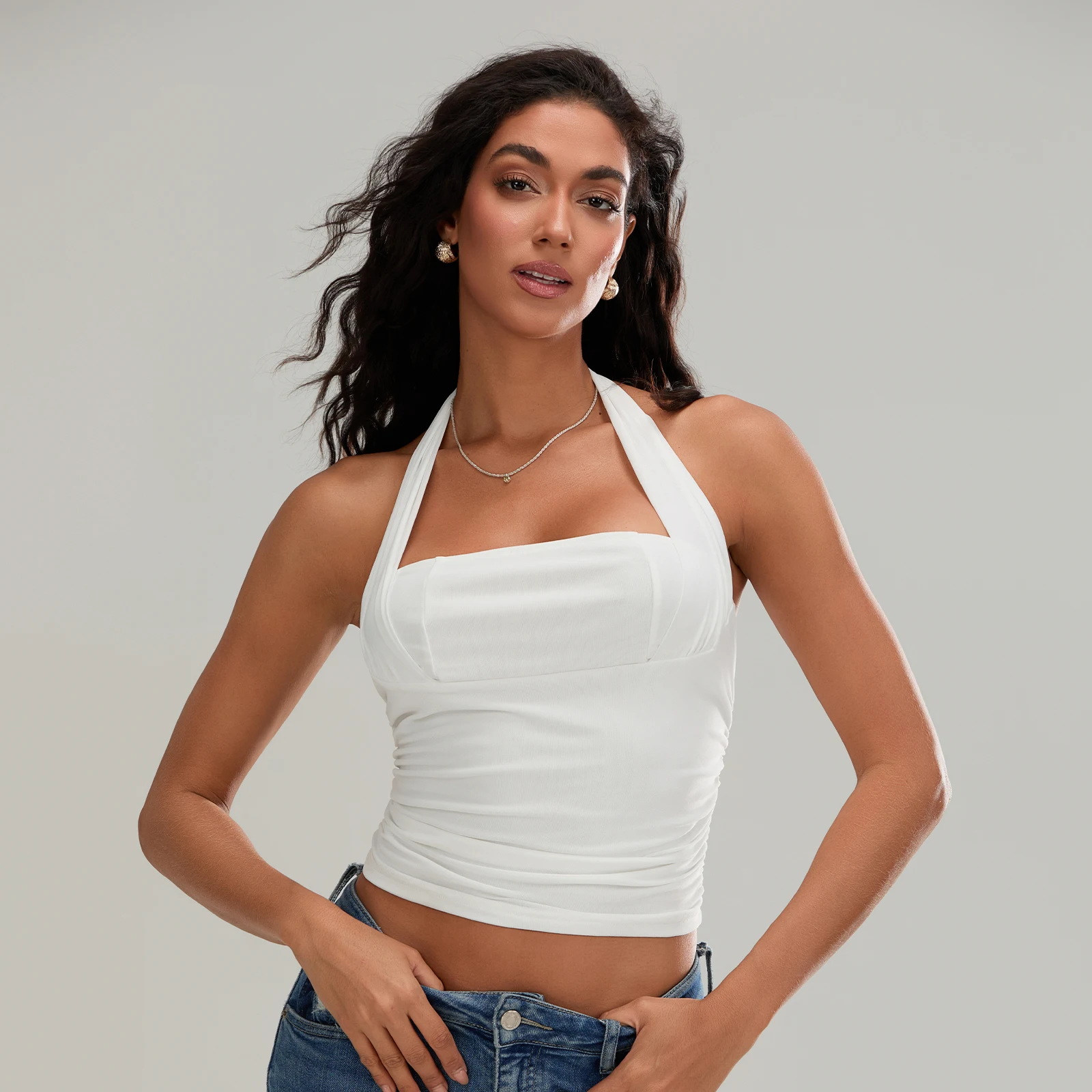 

Women Summer Solid Color Halter Neck Tank Tops Slim Ruched Sleeveless Backless Crop Shirts Casual Streetwear