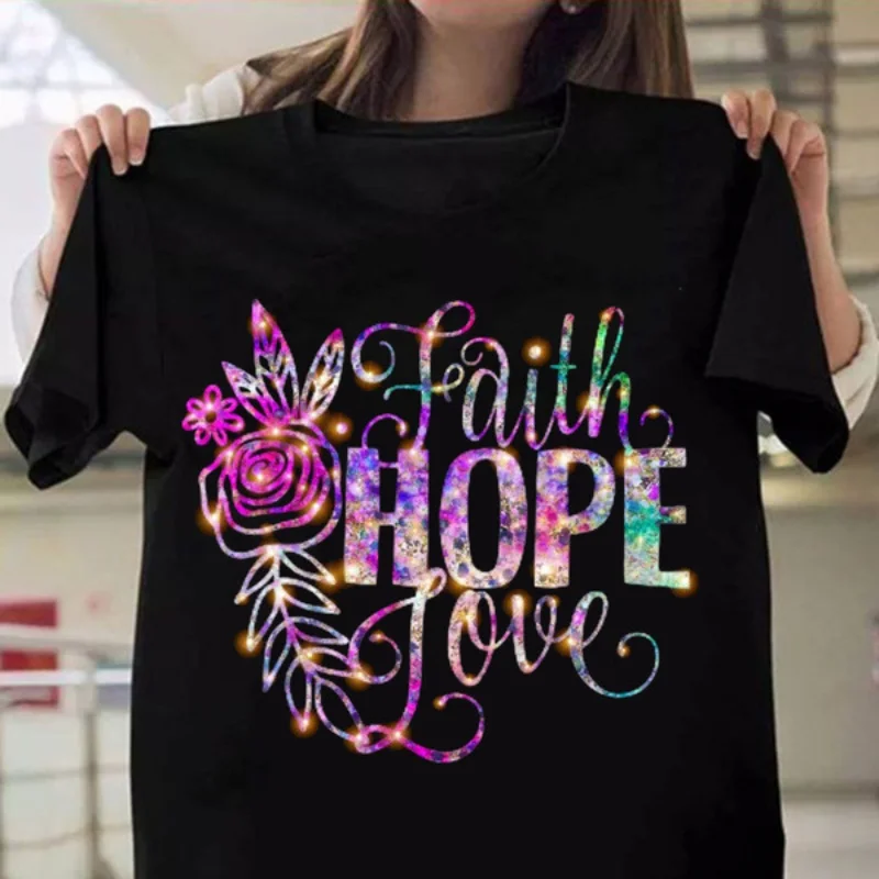 FAITH HOPE LOVE Purple Flower Print Women T Shirt Short Sleeve O Neck Loose Women Tshirt Ladies Tee Shirt Tops Camisetas Mujer