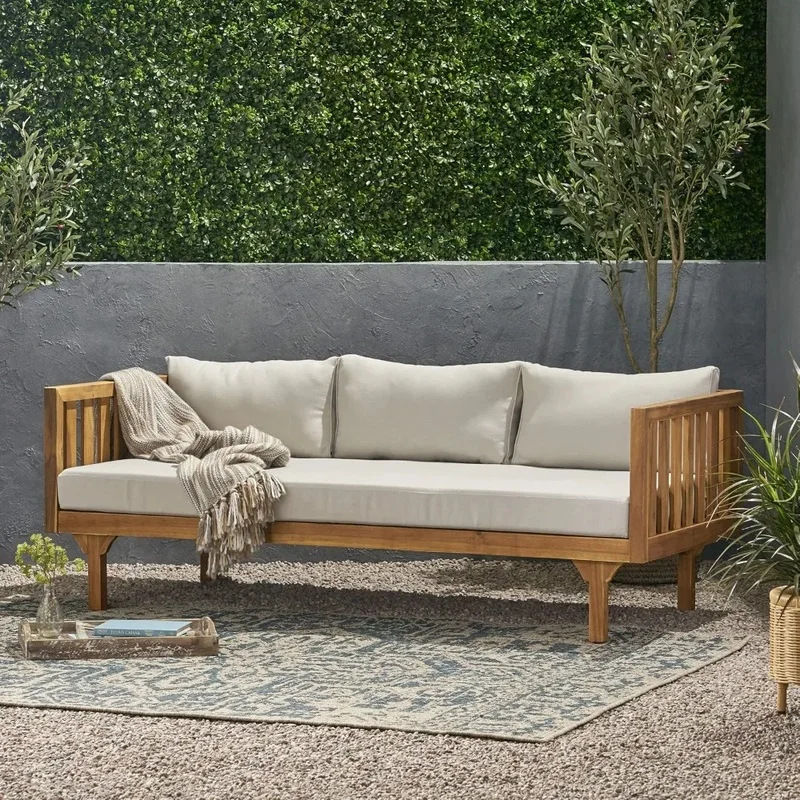 Outdoor Acacia Wood Daybed, 3-Seater, Teak Finish, Light Grey Color