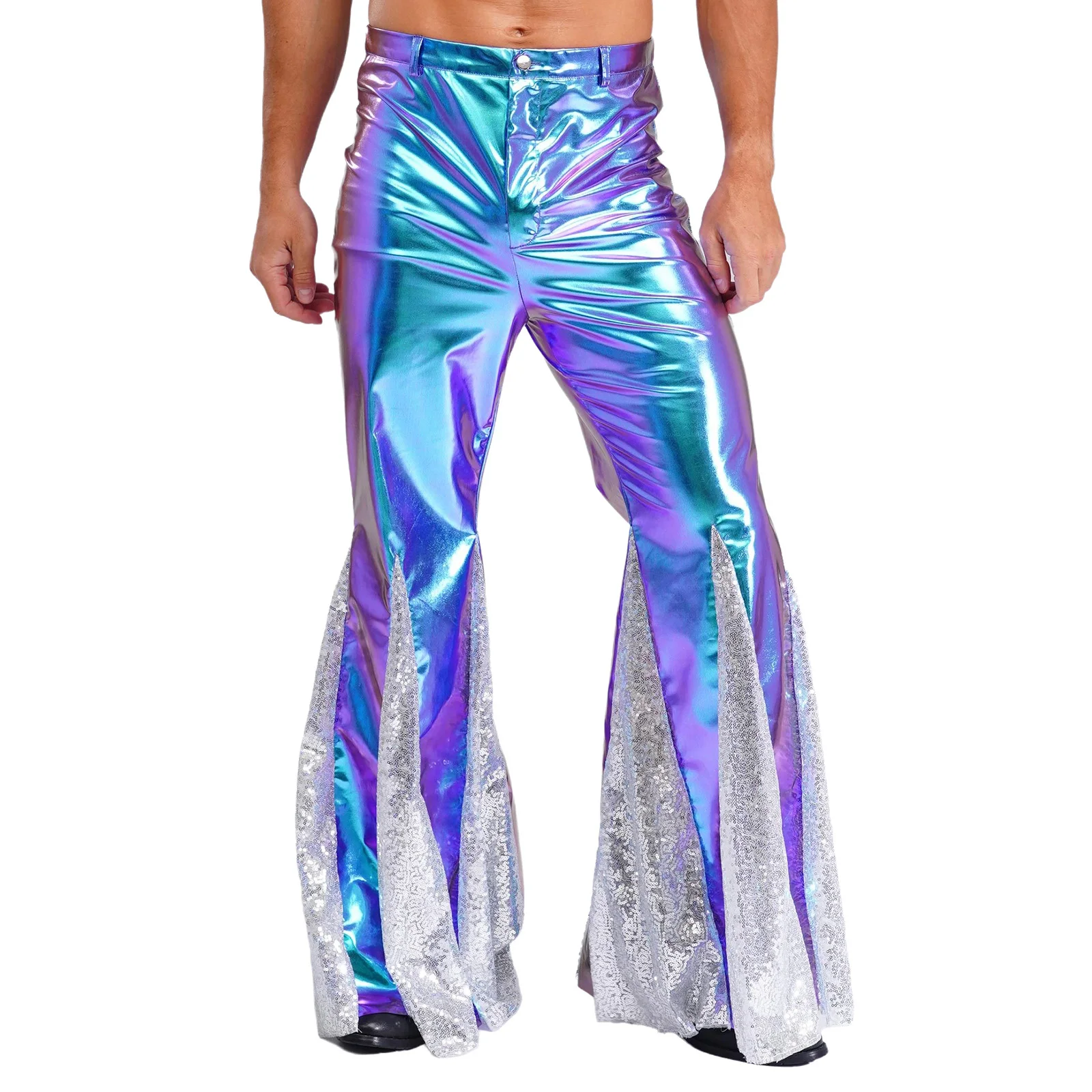 Male Mens Shiny Metallic Flare Pants Sexy PU Leather Pants Vintage 70s Disco Pants Trousers for Nightclub Rave Party Dance Wear