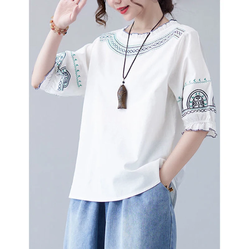 Retro Ethnic Style Embroidery Ruffle Chic Cotton Linen Ladies Tops Blouses Summer Round Neck Loose Half Sleeve Shirts for Women