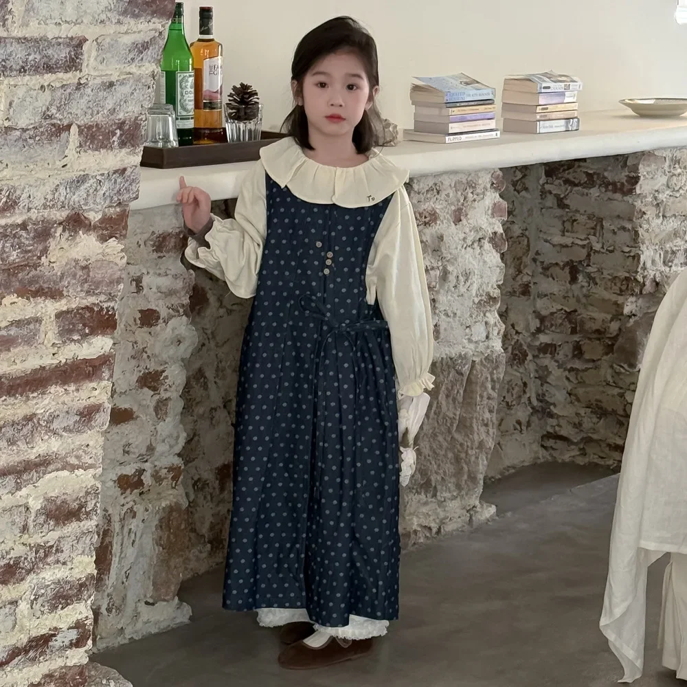 

Children's Dress 2025 Spring Baby Girl Korean Polka Dot Lace Long Sleeve Dress Children's Medium length Denim Tank Top dress